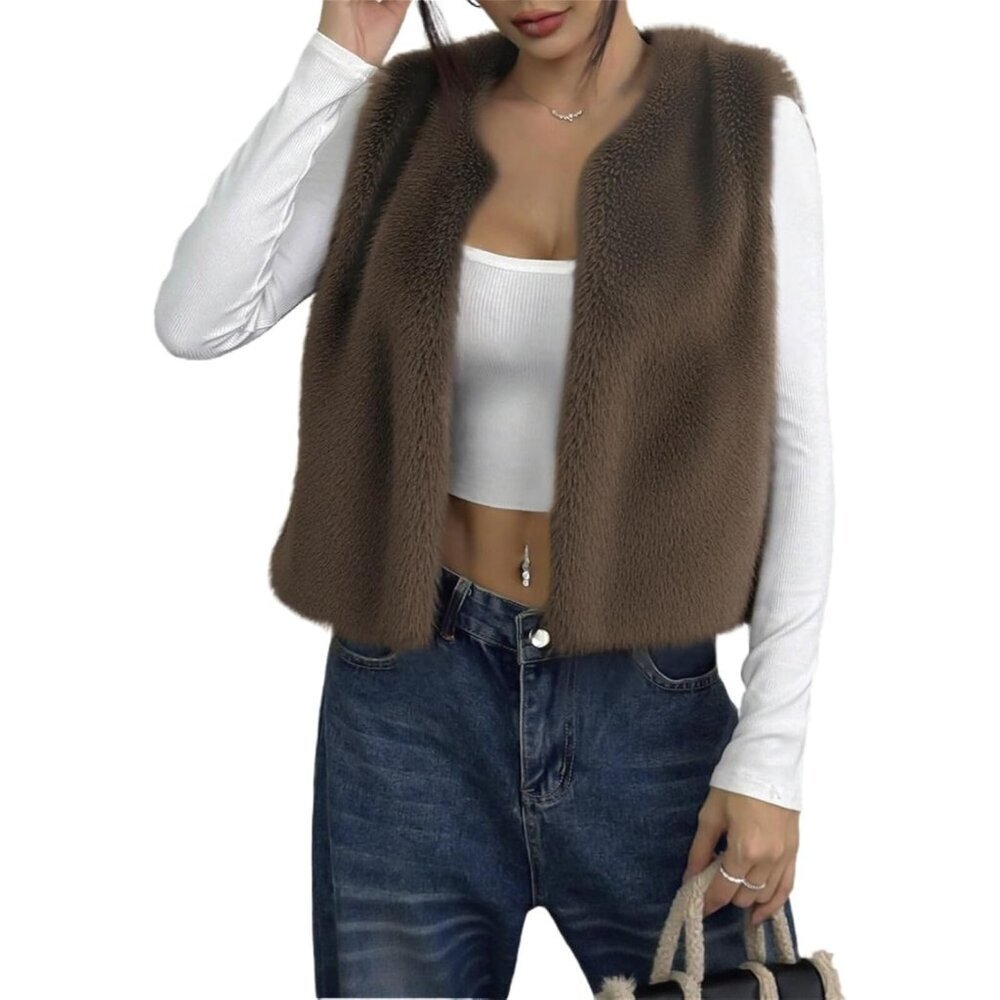 Women's Coffee Winter Vest Warm Coat Faux Fur Vest Fluffy Classic Sleeveless